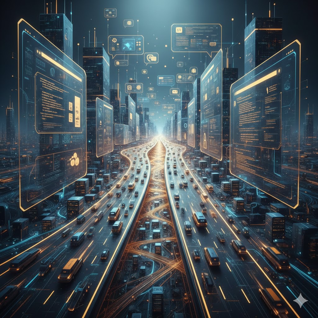 Computer generated image of an information superhighway - blue and gold with cars and word bubbles.