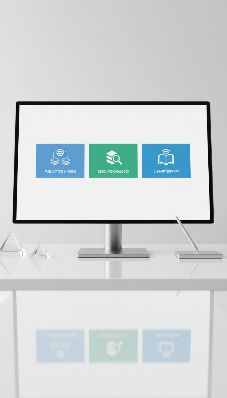 An open, digital dashboard interface displayed on a sleek, ultra-thin monitor with a jet-black bezel rests atop a glossy, minimalist workstation free from clutter. The dashboard features tidy widgets for publication sharing, resource catalogs, and library support, each accented in cool blues and emerald greens. Surrounding the monitor, geometric glass paperweights and a slim, brushed-aluminum desk organizer reinforce the clean setting. Bright, even LED lighting floods the scene, giving all surfaces a crisp, reflective sheen and creating a high-tech, efficient mood. Captured from a low front-facing angle that emphasizes the depth and clarity of the display, the artistic style is hyper-modern and professional, mirroring Plank and Pivot’s emphasis on cutting-edge information systems.