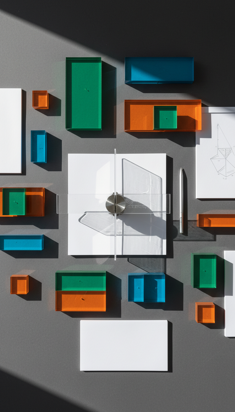 A geometric arrangement of colorful, translucent acrylic pivot tables and infographic blocks in vivid greens, oranges, and blues are spread across a matte charcoal tabletop. At the center, a distinctive clear acrylic plank intersects a pivot point made of brushed stainless steel, serving as a visual metaphor for the site theme. Surrounding elements include crisp white notepads and a single, slim metallic stylus. Bright, indirect daylight streams in from the left, highlighting the vibrant colors and clear edges, while soft shadows add dimensionality. Captured from a high, overhead perspective, the layout feels dynamic and organized. The overall mood is energetic yet precise, with a clean, contemporary visual aesthetic that aligns with information literacy and academic clarity.